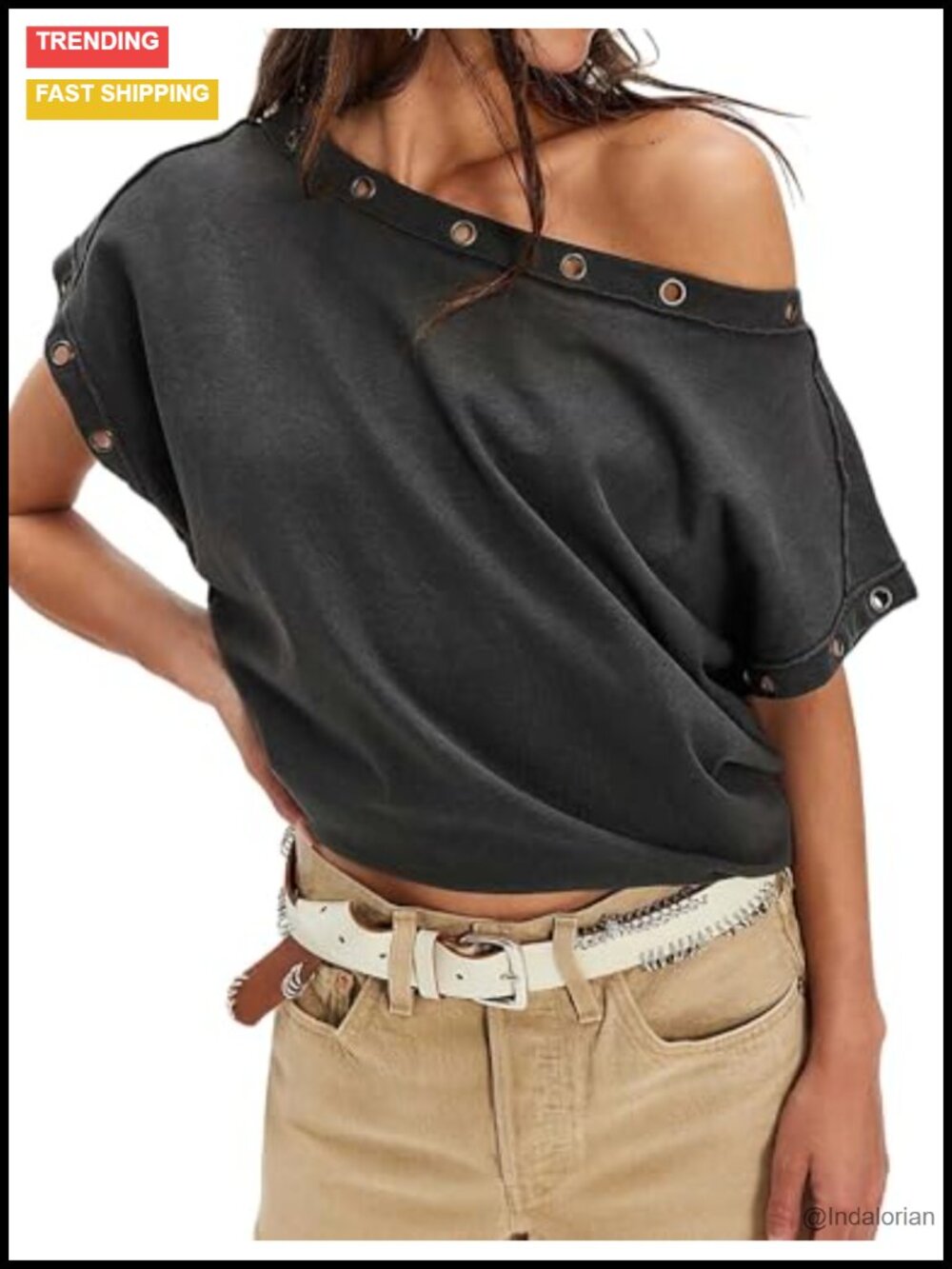 Washed Cotton Off Shoulder Top Grommet Eyelet Short Sleeve Casual Summer Tee